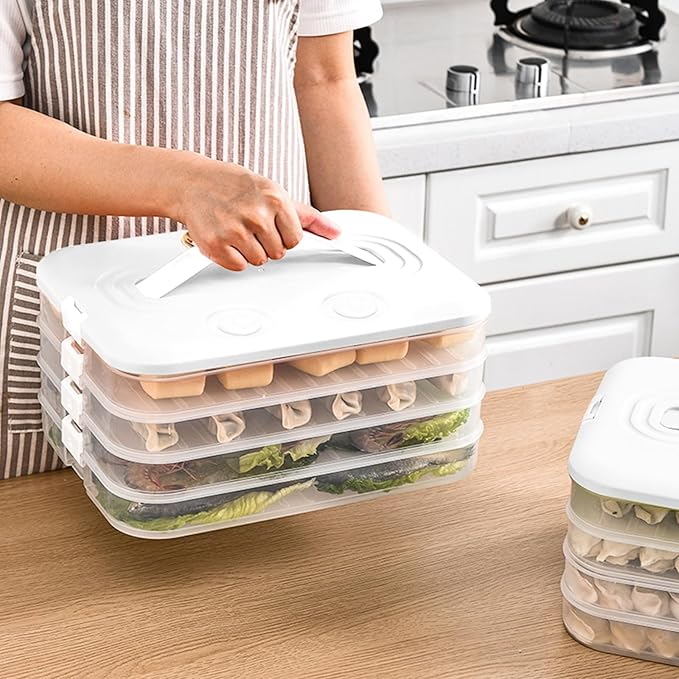 Food Storage Containers with Lids, Plastic Cookie Storage Containers Airtight, 4-Layer Stackable Food Containers Dumpling Storage Box, White