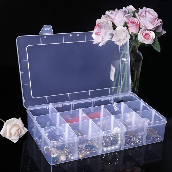 Gospire 15 Large Grids Clear Plastic Jewelry Box Organizer Storage Container with Removable Dividers (15 Grids - Clear)