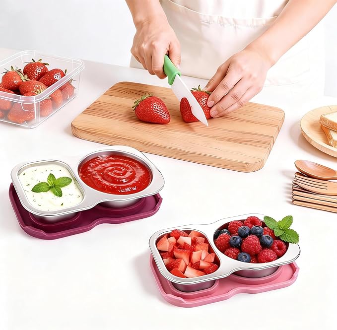 QCQHDU Snack Containers, 2-Compartment Small Stainless Steel Reusable Snack Boxes for Portion Control, Meal Prep Lunch Food Sauce Storage Lunchable Accessories Salad Dressing Containers to Go, 4 Pack