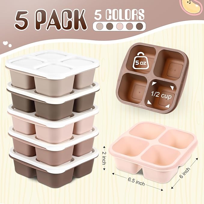Honeydak 5 Pack Snack Containers 4 Compartment Bento Snack Boxes Reusable Lunchable Containers with Lids Divided Meal Prep Lunch Food Storage Box for School Work Travel(Cream Brown,Equal)