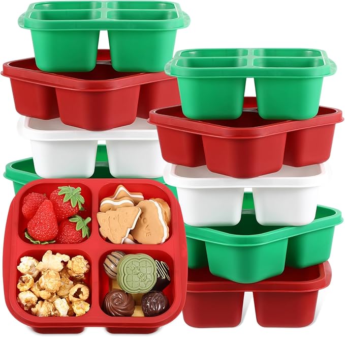 Honeydak 10 Pack Snack Container 4 Compartment Reusable Bento Snack Boxes Divided Lunchable Containers with Lids Meal Prep Lunch Food Storage Boxes for School Work Travel(Christmas Color)