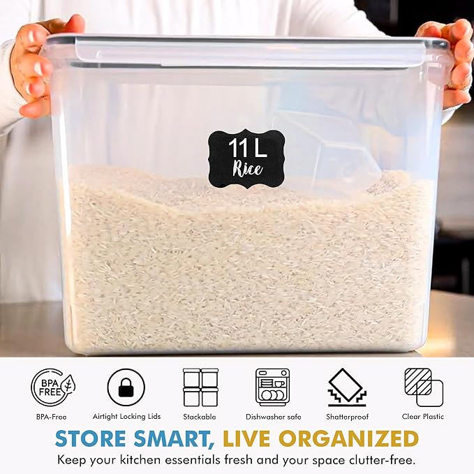 Shazo 2 PC (11L | 372 oz) Flour Sugar Storage Containers with Easy Carry Handle - Plastic Extra Large Food Storage Containers with Lids for Rice Cereal, BPA Free & Airtight Kitchen Pantry Organization