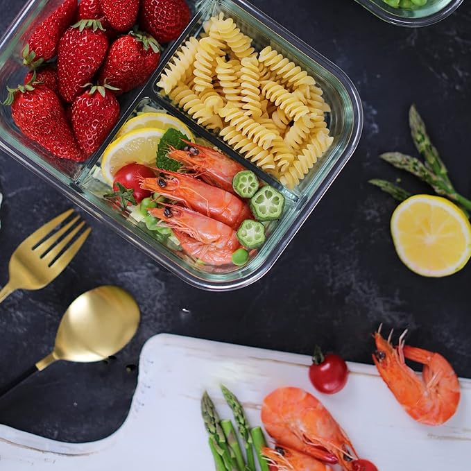 HOMBERKING 8 Pack Glass Meal Prep Containers 3 Compartment, 36oz Glass Food Storage Containers with Lids, Airtight Lunch Bento Boxes, BPA-Free & Leak Proof (8 lids & 8 Container) - Black