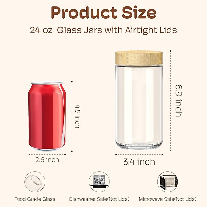4 pack 24oz Overnight Oats Containers with Bamboo Lids, Glass Jars with Airtight Lids for Meal Prep, Wide Mouth Mason Salad Jars, Glass Food Storage Container for Yogurt Chia Snacks Spice Sugar