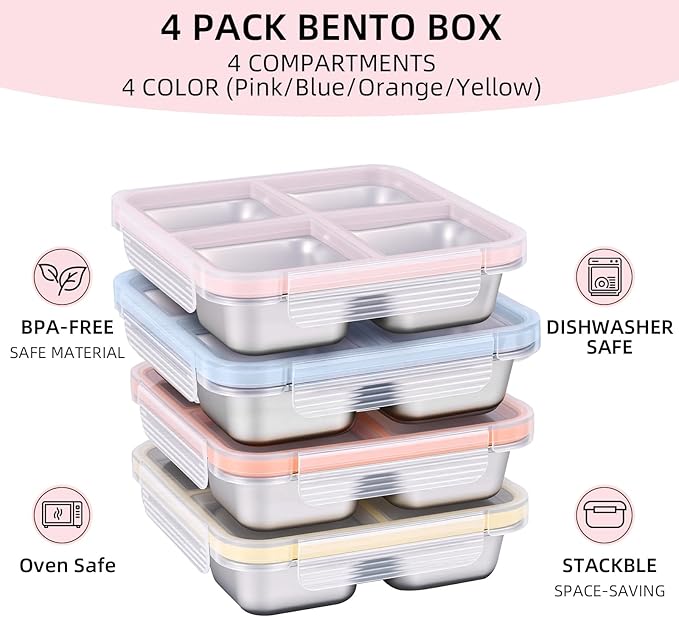 Stainless Steel Snack Containers with Lids, 4 Pack 4 Compartment Meal Prep Containers, Reusable Bento Box with Assorted Colors, Food Storage for Lunch, Work (Pink/Blue/Orange/Yellow)