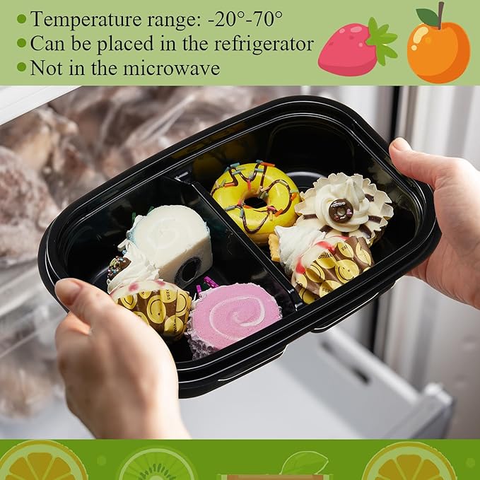 Chunful 36 Pcs 2 Compartment Black Snack Containers with Lids Disposable Bento Box Plastic Food Meal Prep Containers for Condiment Salad Dipping School Work Lunch