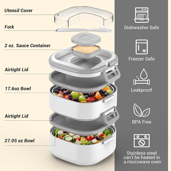 PEDECO Double-Layer Bento Lunch Box for Kids & Adults with Removable Stainless Steel Dividers,Dressing Container,BPA-Free,Dishwasher Safe - Includes Utensil,(White,Non-Insulated)