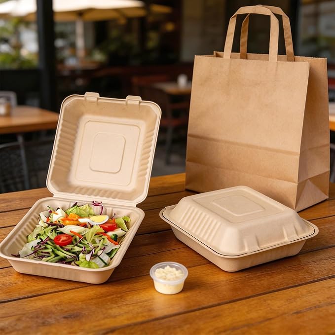 Aricsen Compostable 100 Pack 8×9 Inch Takeout Lunch Box Containers with Lid To Go Take Out Clamshell for Food, Disposable Eco-Friendly Biodegradable Bagasse, PFAS-Free, Brown