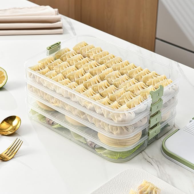 Dumplings Storage with 4 Layers, Stackable with Buckle, Lid & Handle for Cookies Wonton Donuts Box Organizer For Fridge, White-Green