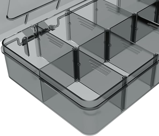 Plastic Organizer Box,12 Grids Clear Bead Organizer Compartment Box with Removable Dividers for Parts,Bead Storage Earring Container Tool Hair Accessories,grey