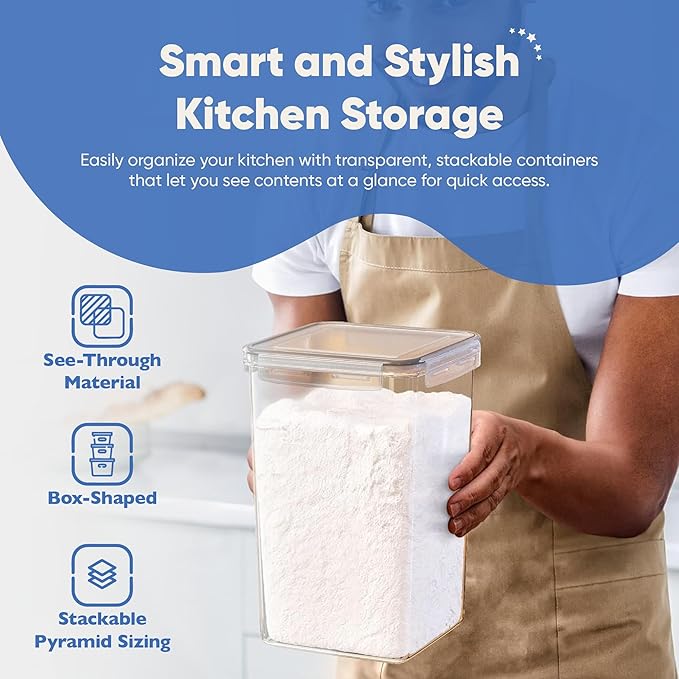 Chef's Path Extra Large Tall Airtight Food Storage Containers, Set of 4, Airtight Food Storage for Flour, Sugar, Rice, Includes Measuring Scoops, Pen, and Labels, 7qt, 220Oz, 6.5L, Transparent