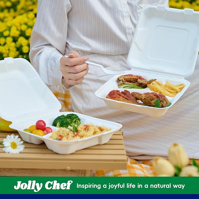 JOLLY CHEF Disposable Clamshell Take Out Food Containers, [8 * 8" 50-Pack] 3-Compartment Sugarcane Clamshell Takeout Boxes, 50-Pack To Go Boxes for Restaurants & Meal Prep