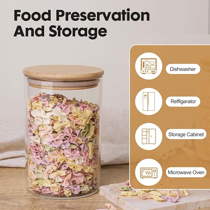 YUNCANG Glass Food Storage Jars 37oz [Set of 6],Clear Glass Food Storage Containers with Airtight Bamboo Lid Stackable Kitchen Canisters for Candy,Cookie,Rice,Sugar,Flour,Pasta