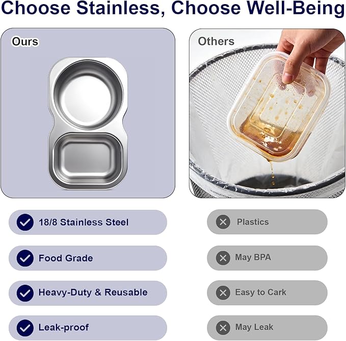 QCQHDU Snack Containers, 2-Compartment Small Stainless Steel Reusable Snack Boxes for Portion Control, Meal Prep Lunch Food Sauce Storage Lunchable Accessories Salad Dressing Containers to Go, 6 Pack
