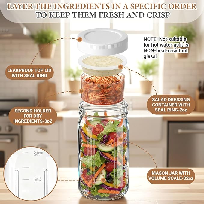 6 Pack 32oz Glass Salad Jars with 2 Dressing Cups & Leak Proof Lids - Meal Prep Containers for Lunch, Wet Dry Separation Container for Work Office Picnic, Overnight Oats(White)
