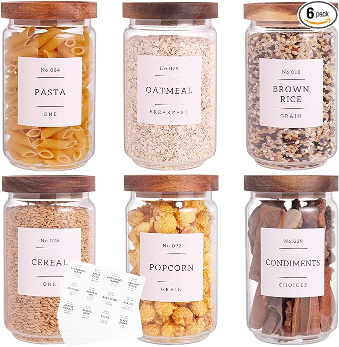 6 Set Glass Pantry Storage Jars with Acacia Airtight Lid - 23oz Thicken Glass Kitchen Canisters with 132 Pantry Labels - Clear Glass Food Storage Containers with Wood Lid for Tea,Sugar,Cookie,Coffee