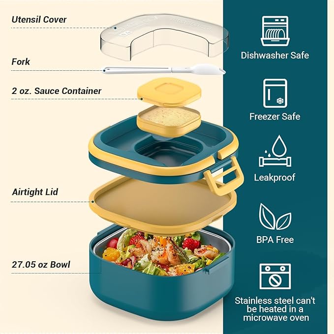 PEDECO Stackable Stainless Steel Bento Box with Insulated bag,Adult & Kids Luch Box,Leak-Proof,1-Tier Bento box,Lunch Box With Portable Sauce Pod and Cutlery-for Teens/Toddler,Dishwasher Safe,Blue