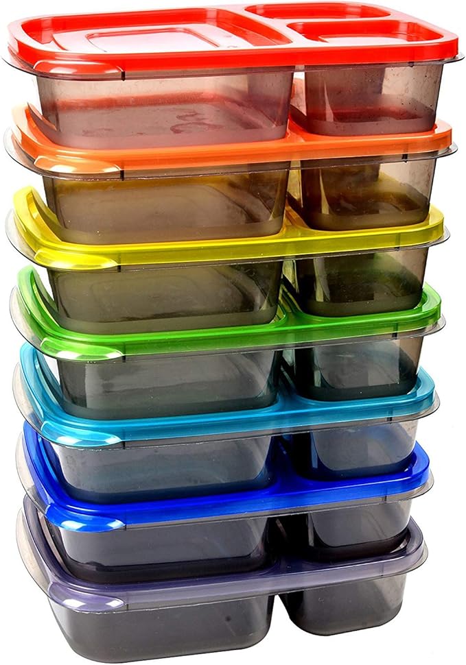 Youngever 7 Pack Bento Lunch Box, Meal Prep Containers, Reusable 3 Compartment Plastic Divided Food Storage Container Boxes