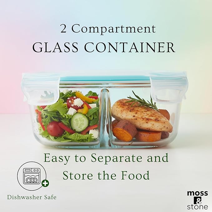 Moss & Stone 4-Pack Round Kitchen Glass Food Storage Containers Set with Lids – Reusable Glass Meal Prep Containers for Kitchen, Lunch or Fridge – Airtight Snap-Lock – Includes 1 Divided & 1 Standard