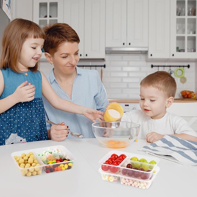 50 Pack 16 oz Clear Snack Containers with Lids, 3 Compartment Plastic Bento Boxes for Lunch, Travel, Work, Sauce, Dip, Condiments