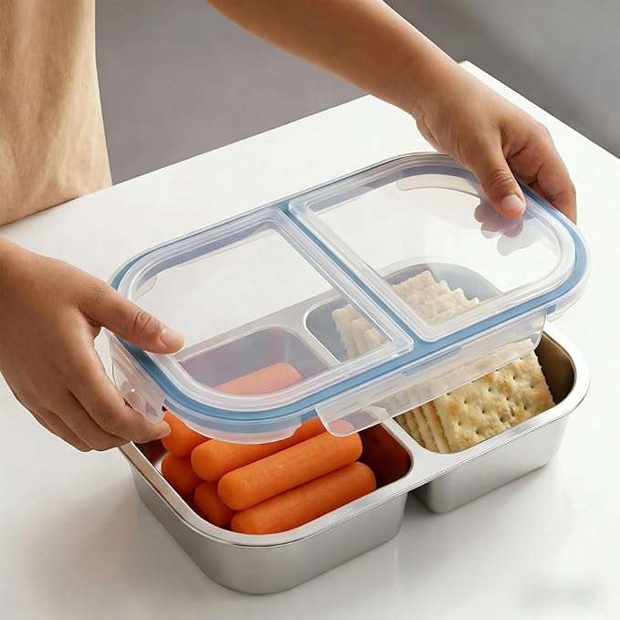 4 Pack Stainless Steel Snack Containers, 2 Compartment Reusable Metal Snack Boxes Containers with Leak-Proof Lids, Compact Lunch Box Food Storage Container