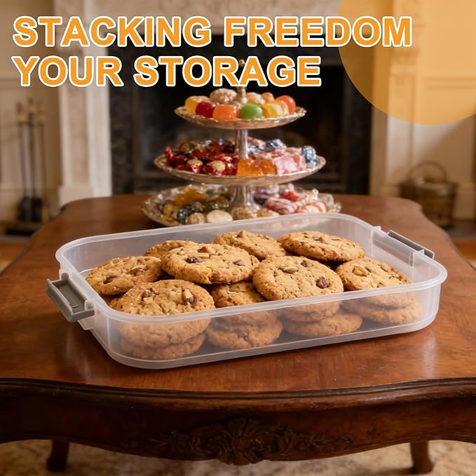 4-Tier Stackable Cookie Storage Container with Lids & Handle, White Cookie Storage, Airtight Plastic Food Organizer for Dumplings, Wonton, Donuts, Snacks, Fridge & Pantry Organization