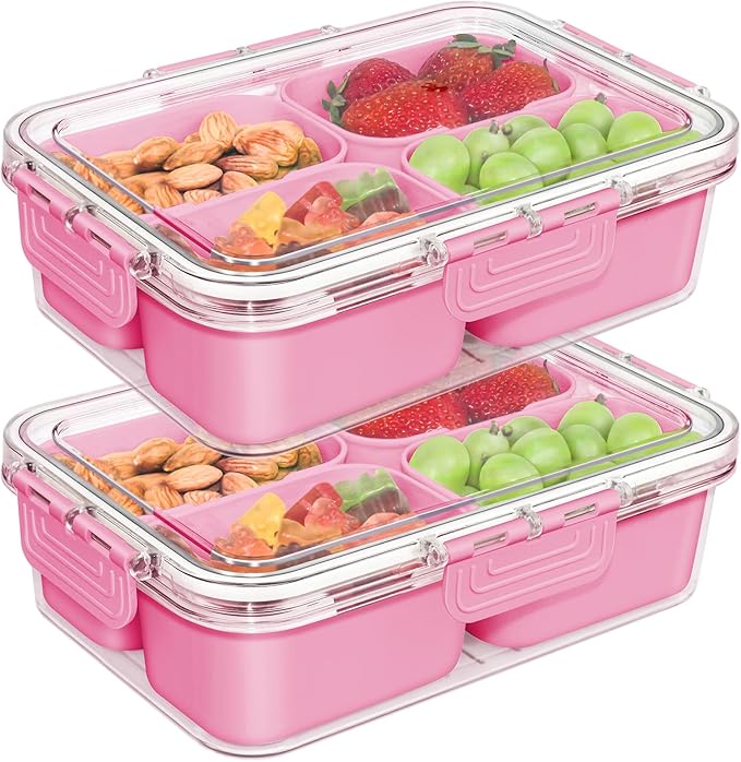 Small Snack Box Container, Divided Serving Tray with Lid, 4 Compartment Snack Box Container for Candy, Fruits, Charcuterie, Travel & Parties, BPA-Free, 2 Pack (Hand Wash Only)