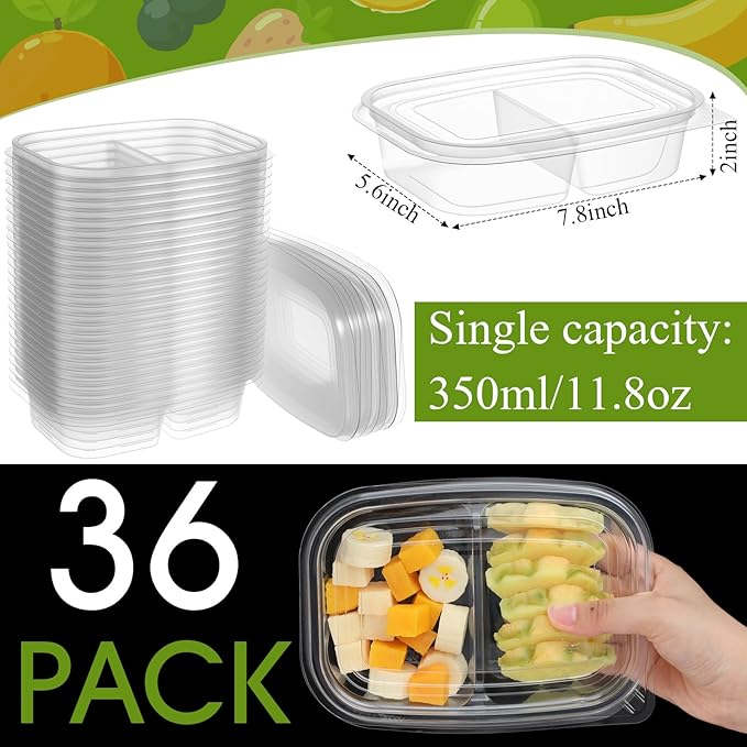 Chunful 36 Pcs 2 Compartment Transparent Snack Containers with Lids Disposable Bento Box Plastic Food Meal Prep Containers for Condiment Salad Dipping School Work Lunch