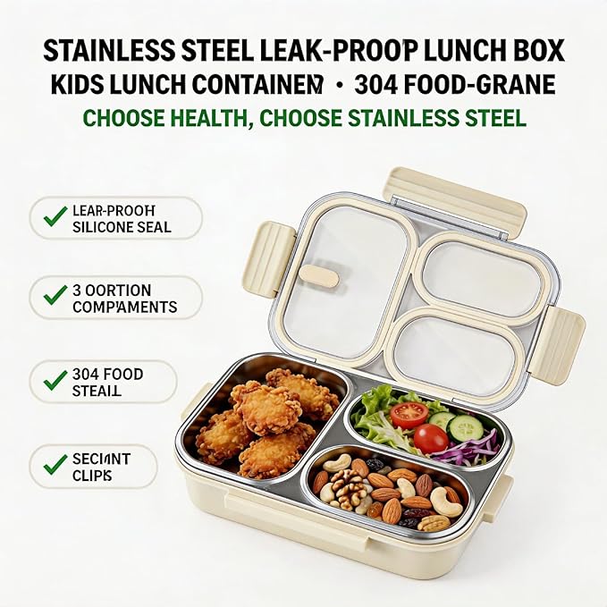 Stainless Steel Lunch Box for Kids, 3-Compartment Bento Box with Lid | Leakproof, Eco-Friendly Metal Food Container for School, Work, Picnic | Easy to Clean & Microwave Safe (White)