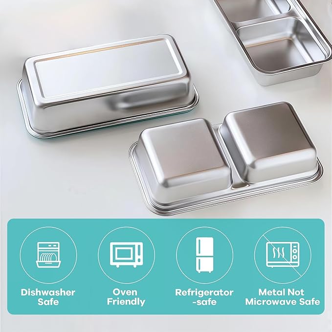 2Pcs Stainless Steel Snack Containers, 2 Compartments Portable Food Storage Bento Boxes with Lids, Divided Meal Prep Lunch Box Food Container Dishwasher Safe