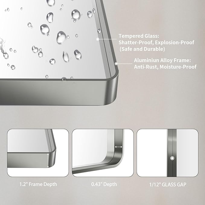 LOAAO 55X36 Inch Brushed Nickel Bathroom Mirror, Rounded Rectangle Silver Metal - Image 5
