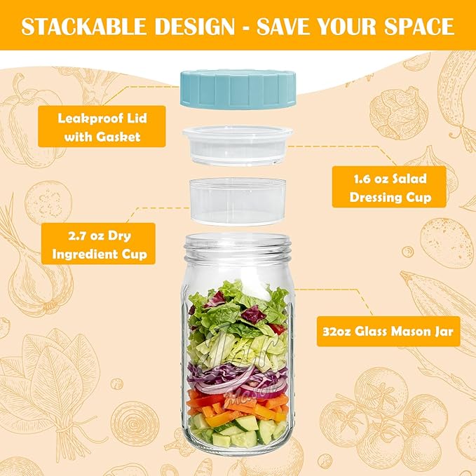 Accguan 32oz Glass Salad Jars with Lids Meal Prep, Leakproof Container Mason Jars for Lunch, Two Small Built-in Boxes with Wet/Dry Separation for salad Dressing and Dry Ingredients, salads Pod,12 Pack
