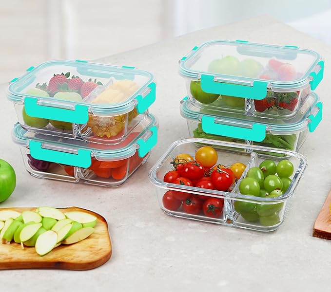 M MCIRCO 10-Pack,30 Oz Glass Meal Prep Containers 2 Compartments Airtight Lunch Bento Boxes with Lids, Glass Food Storage Containers, Microwave, Oven, Freezer and Dishwasher, Green