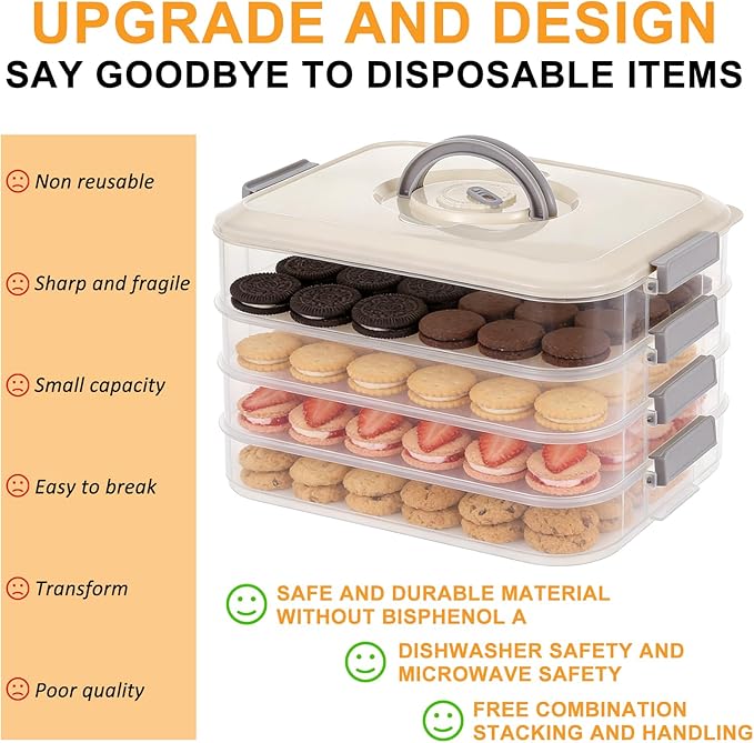 4-Tier Stackable Cookie Storage Container with Lids & Handle, White Cookie Storage, Airtight Plastic Food Organizer for Dumplings, Wonton, Donuts, Snacks, Fridge & Pantry Organization