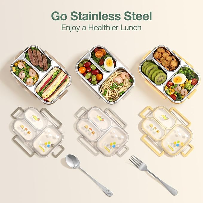 NUKied Stainless Steel Lunch Box for Kids & Adults, 3-Compartment Leak Proof Metal Bento Lunch Box with Fork & Spoon, 26.4 oz Airtight Food Storage Snack Container for School, Work, Travel (Yellow)