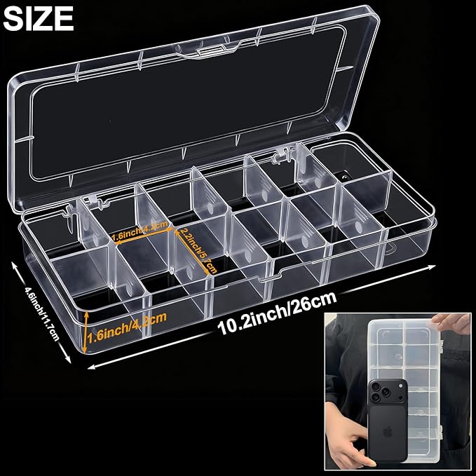 DUOFIRE Clear Plastic Bead Organizer Container Storage Box Adjustable Dividers Removable Grid Compartment for Jewelry Beads Earring Container Tool Fishing Hook Small Accessories(12 Grids)