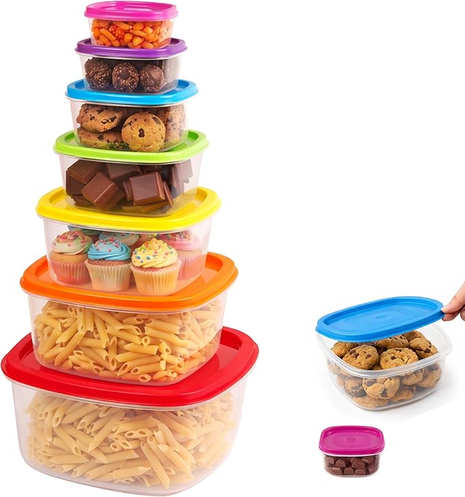 ARSUK 14PCS Nesting Plastic Food Storage Container Set with Airtight Leakproof Lids (7 Lids & 7 Containers) - Space Saving, BPA-Free Stackable Kitchen Storage - Freezer Safe & Microwavable