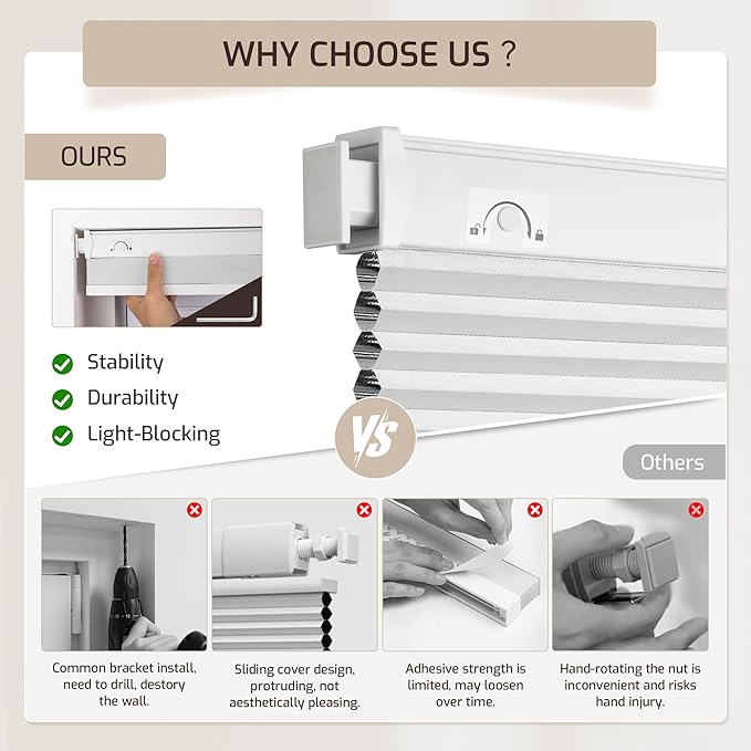 Grandekor No Tools No Drill Cordless Cellular Shades, 33.5" W × 64" H, UV - Image 5
