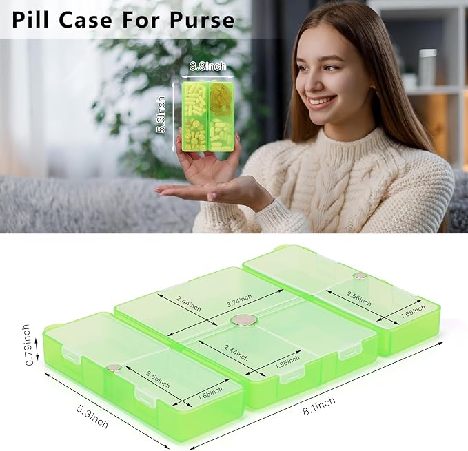 FYY Daily Pill Organizer,7 Compartments Portable Pill Case Travel Pill Organizer,[Folding Design] Large Pill Box for Purse Pocket to Hold Vitamins,Cod Liver Oil,Supplements and Medication-Clear Green