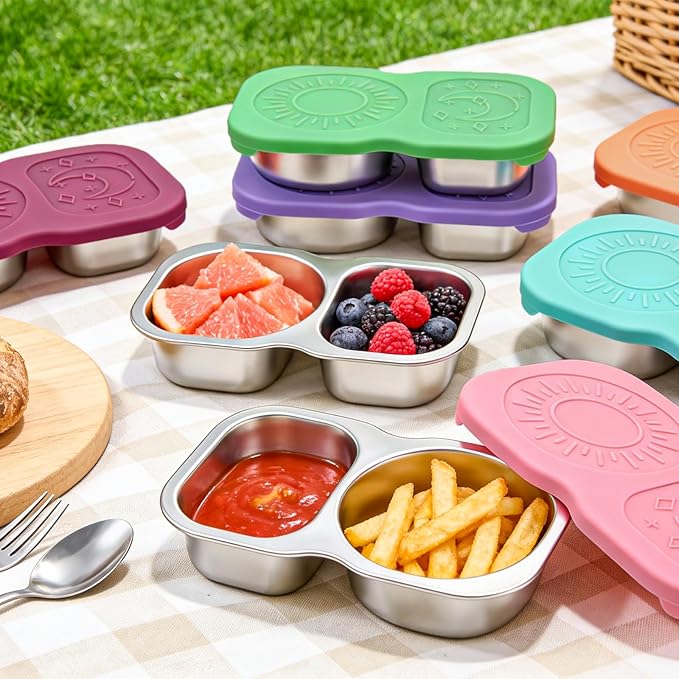 QCQHDU Snack Containers, 2-Compartment Small Stainless Steel Reusable Snack Boxes for Portion Control, Meal Prep Lunch Food Sauce Storage Lunchable Accessories Salad Dressing Containers to Go, 2 Pack