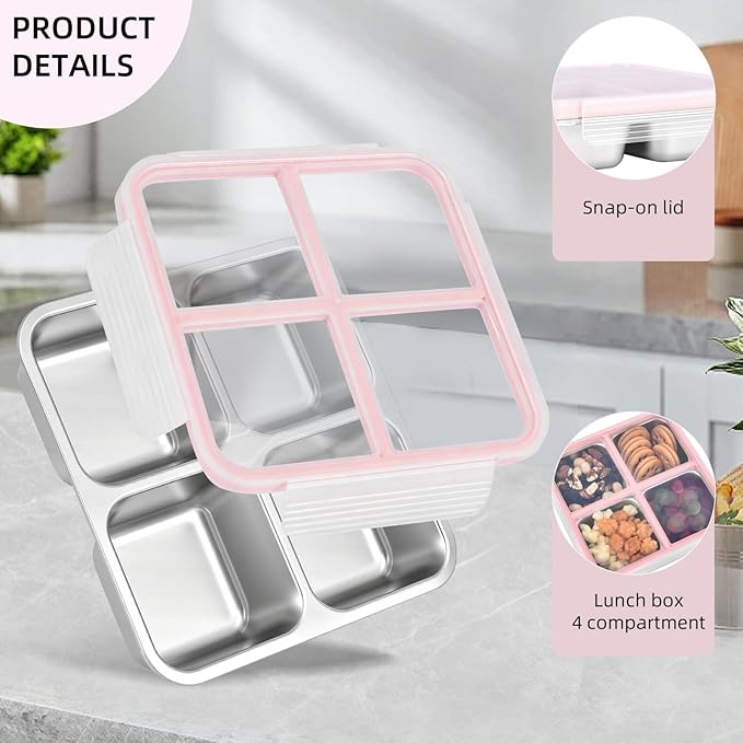 Stainless Steel Snack Containers with Lids, 4 Pack 4 Compartment Meal Prep Containers, Reusable Bento Box with Assorted Colors, Food Storage for Lunch, Work (Pink/Blue/Orange/Yellow)