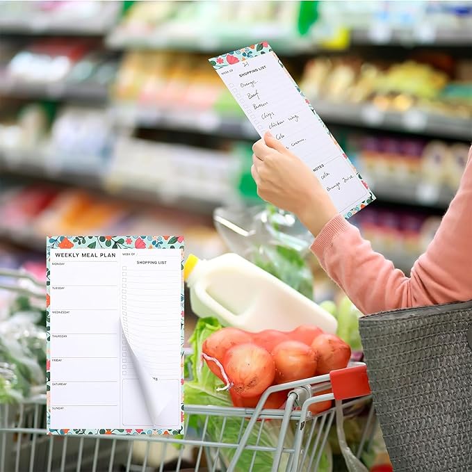 60 Sheet Meal Planner for Fridge, Magnetic Weekly Meal Planner & Grocery List with Tear-off Shopping List for Meal Prep, 7x10''-Flower Design