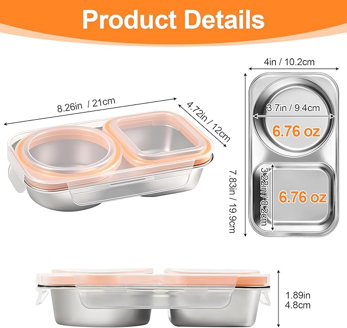 3 Pack Stainless Steel Snack Containers, 2 Compartment Stainless Steel Lunch Box with Lids, Leakproof Reusable Metal Bento Box for Meal Prep Food Storage & Travel Picnics Work