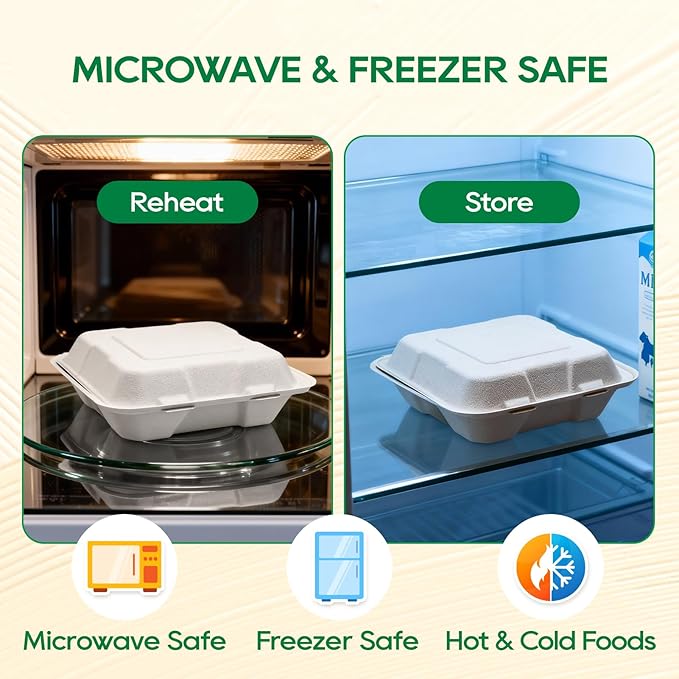 Turbo Bee 100 Pack 8x8inch White Compostable Take Out Containers with Lids, Disposable Clamshell Food Containers, Large To Go Boxes for Restaurant, Catering, Meal Prep & Food Service-White