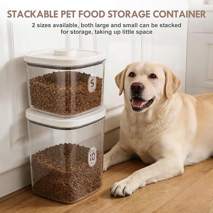 LEAWALK 10Lbs/10.57Qt Airtight Dog Cat Food Storage Container and Dog Treat Containers BPA-Free, PET Clear Stackable Pet Storage Bin, Pop Top, 1-Cup Scoop for Pet Food/Rice/Flour/Bread/Grains