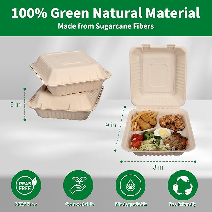 Aricsen 50 Pack 3 Compartment Compostable 8x9 Inch Takeout Lunch Box Containers with Lid To Go Take Out Clamshell for Food, Disposable Eco-Friendly Biodegradable Bagasse, PFAS-Free, Brown