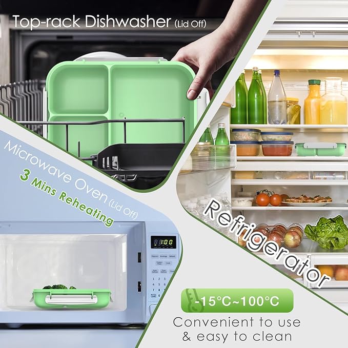 WHALEHOUSE Large Capacity Bento Box for Adult, 1700ML 3 Compartments Lunch Box with Utensil, Airtight Food Container with Lids for Meal Prep, Microwave/Dishwasher/Freezer Safe, On the Go (Green)