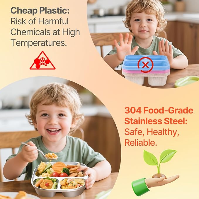 Stainless Steel Kids Plates,Set of 4 Toddler Plates with Lids - 3 Compartments Stainless Steel Snack Containers for Kids Non Toxic & 100% BPA Free