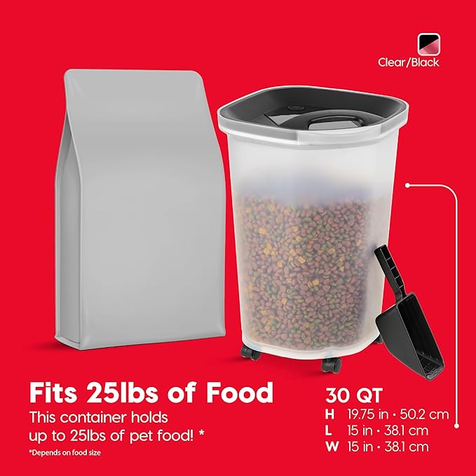 IRIS USA Pet Food Storage Container 25 lbs, Premium 60% Improved Airtight Seal with Air Valve, 2 Cup Scoop, Removable Wheels, Easy to Open - Made in the USA, Black
