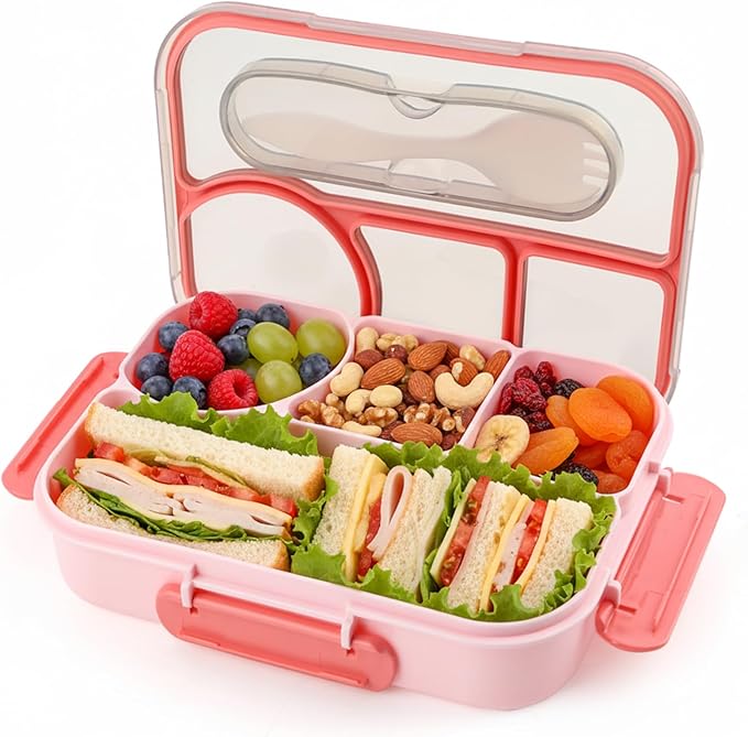 Bento Box for Adults,4 Compartments Lunch Box, Snack Containers Reusable Lunch Containers Drop-Proof, Dishwasher Safe & Made with BPA-Free Materials, Pink